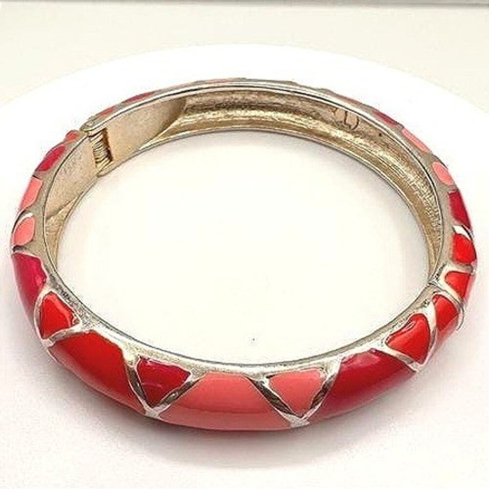 Vintage Y2K Pink & Red Enamel Bracelet Silver Tone Geometric Statement Jewelry